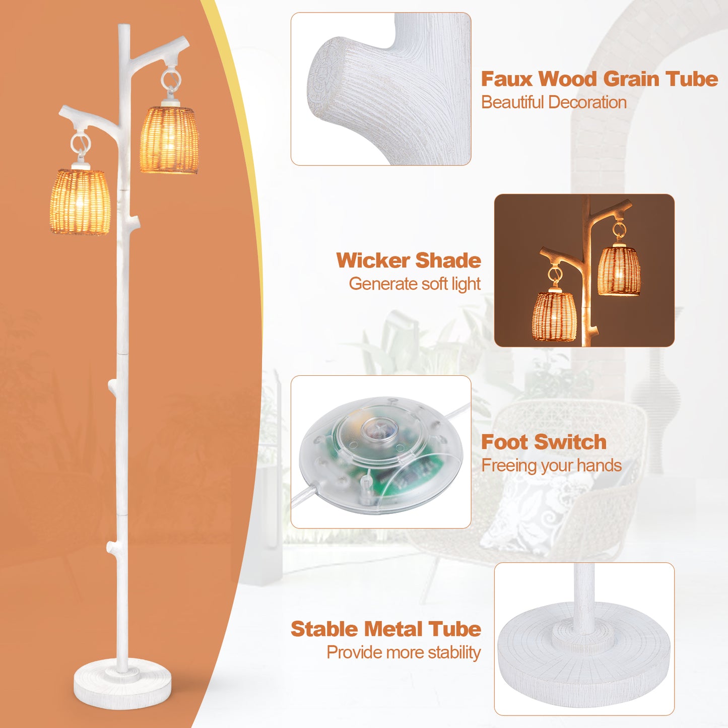 2 Light Tree Trunk Floor Lamp with Wicker Shades and Adjustable Brightness