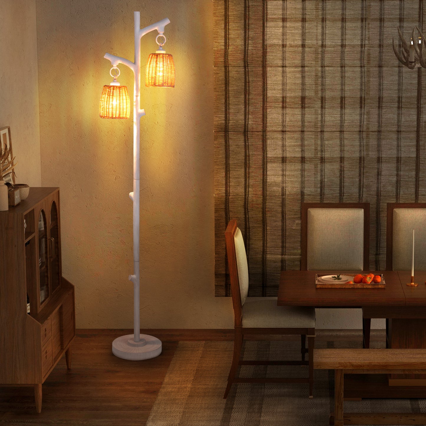 2 Light Tree Trunk Floor Lamp with Wicker Shades and Adjustable Brightness