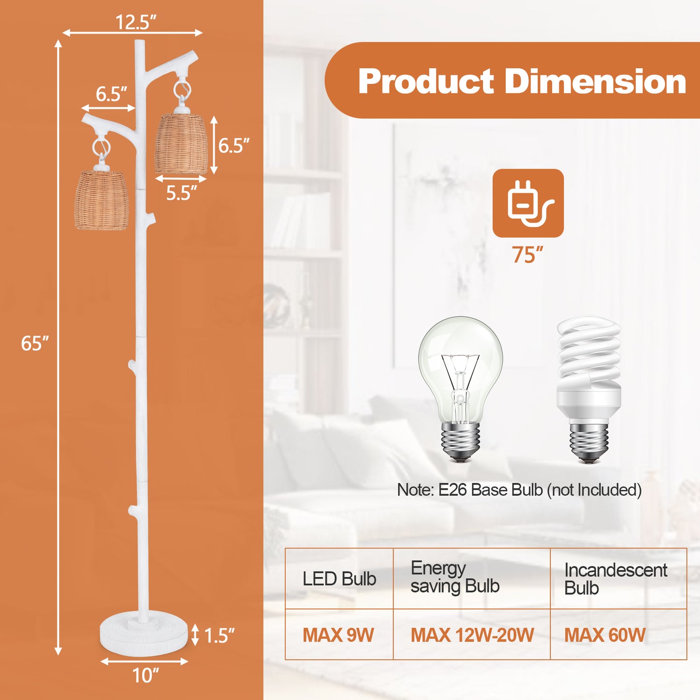 2 Light Tree Trunk Floor Lamp with Wicker Shades and Adjustable Brightness