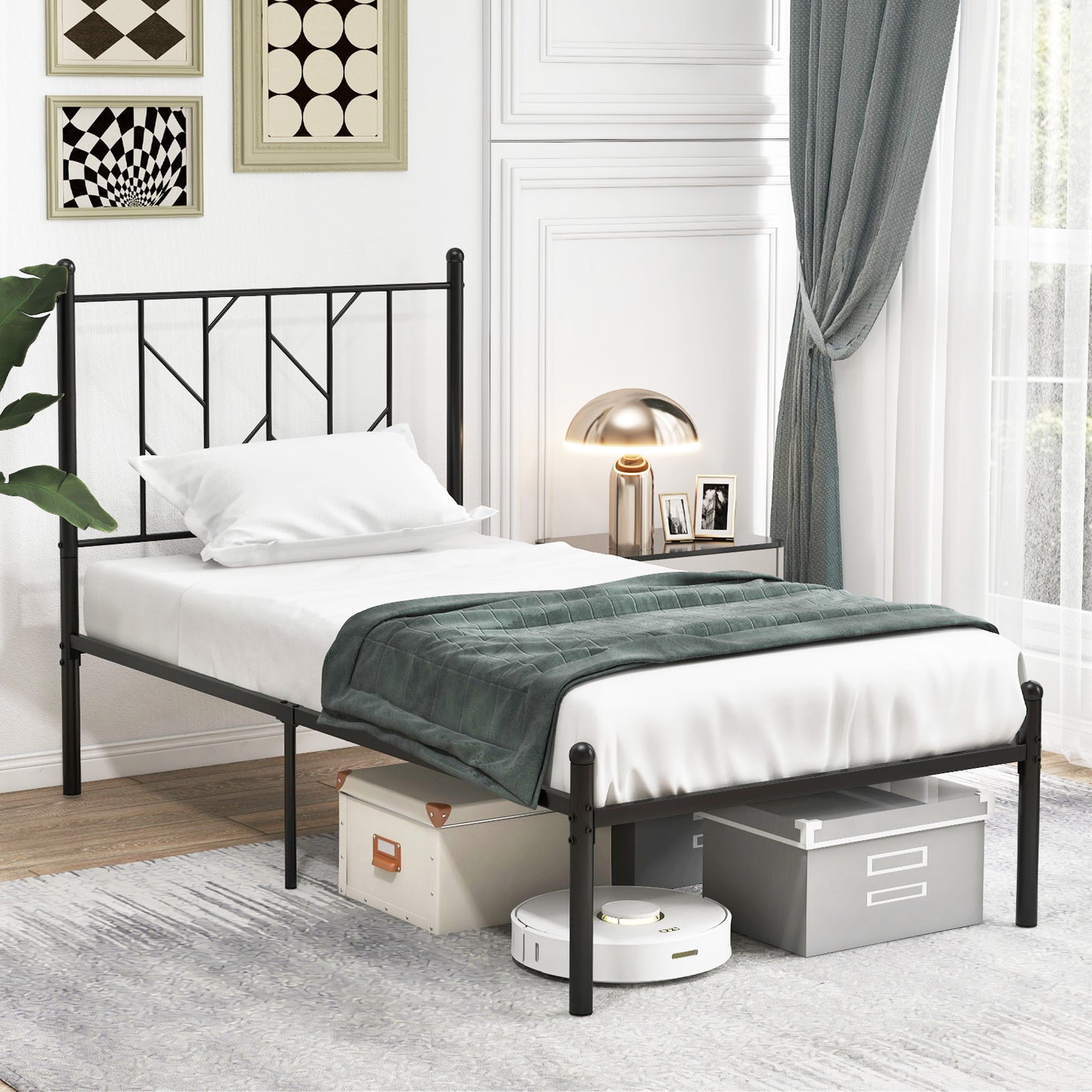 Stylish Branch Shaped Headboard Metal Platform Bed Frame with Sturdy Slat Support – Twin Size