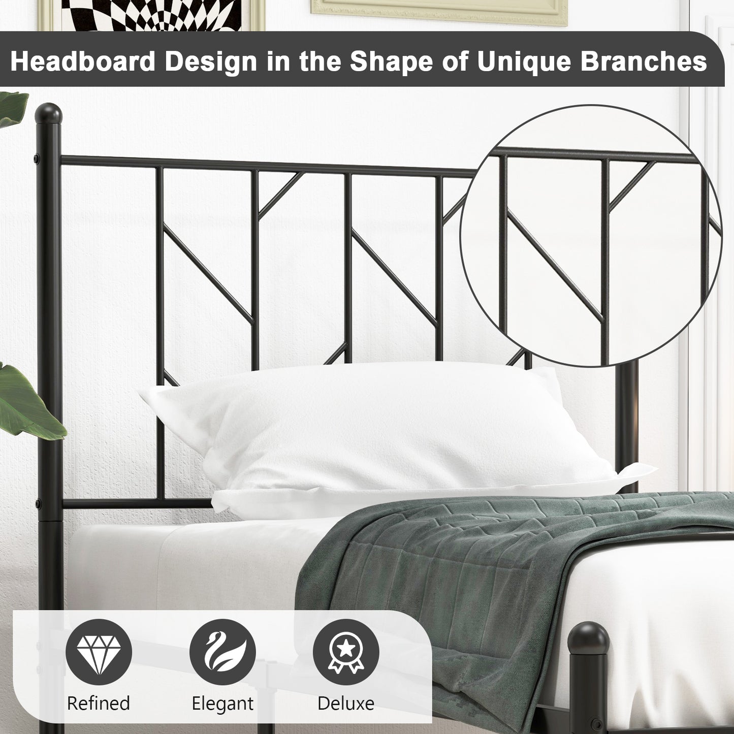 Stylish Branch Shaped Headboard Metal Platform Bed Frame with Sturdy Slat Support – Twin Size