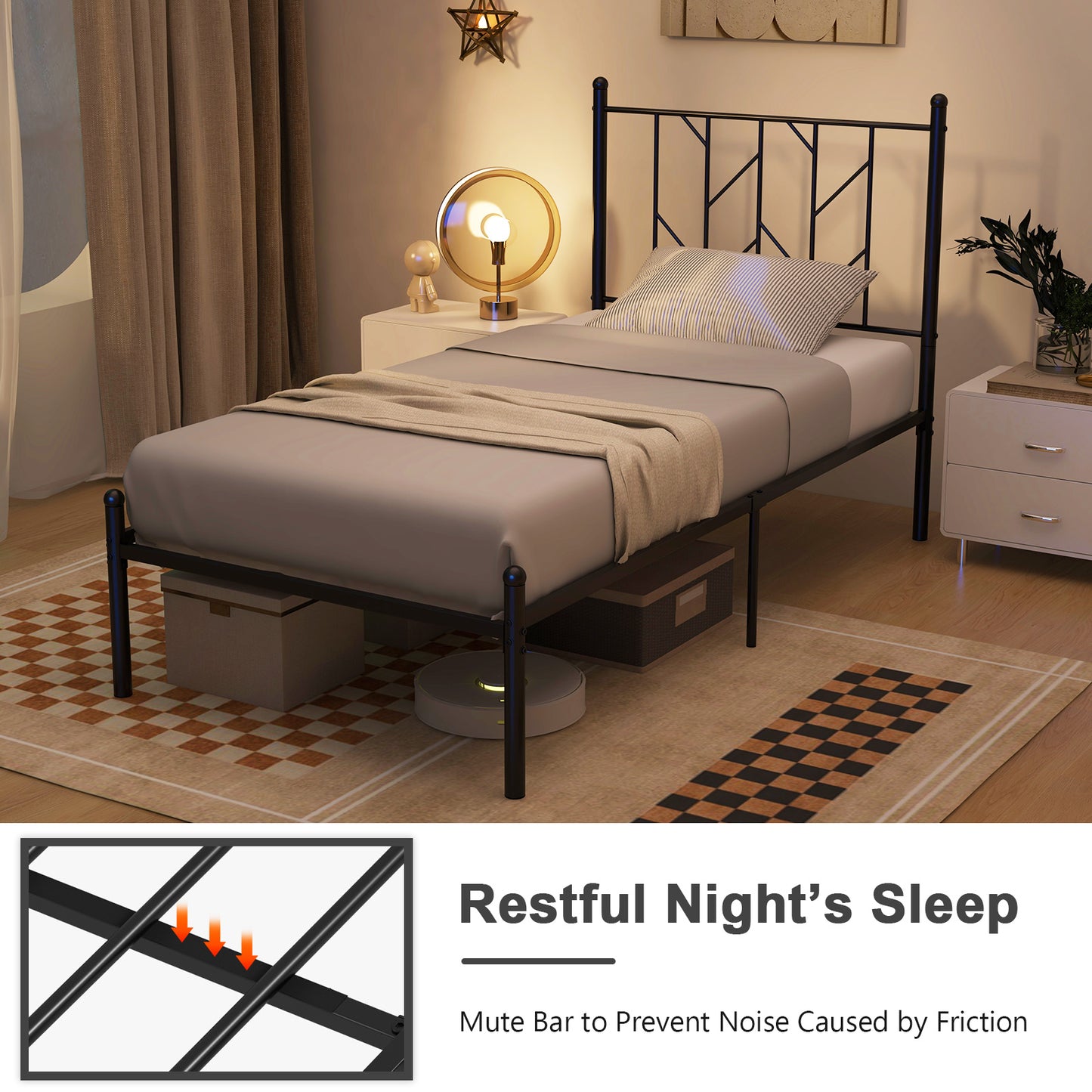 Stylish Branch Shaped Headboard Metal Platform Bed Frame with Sturdy Slat Support – Twin Size