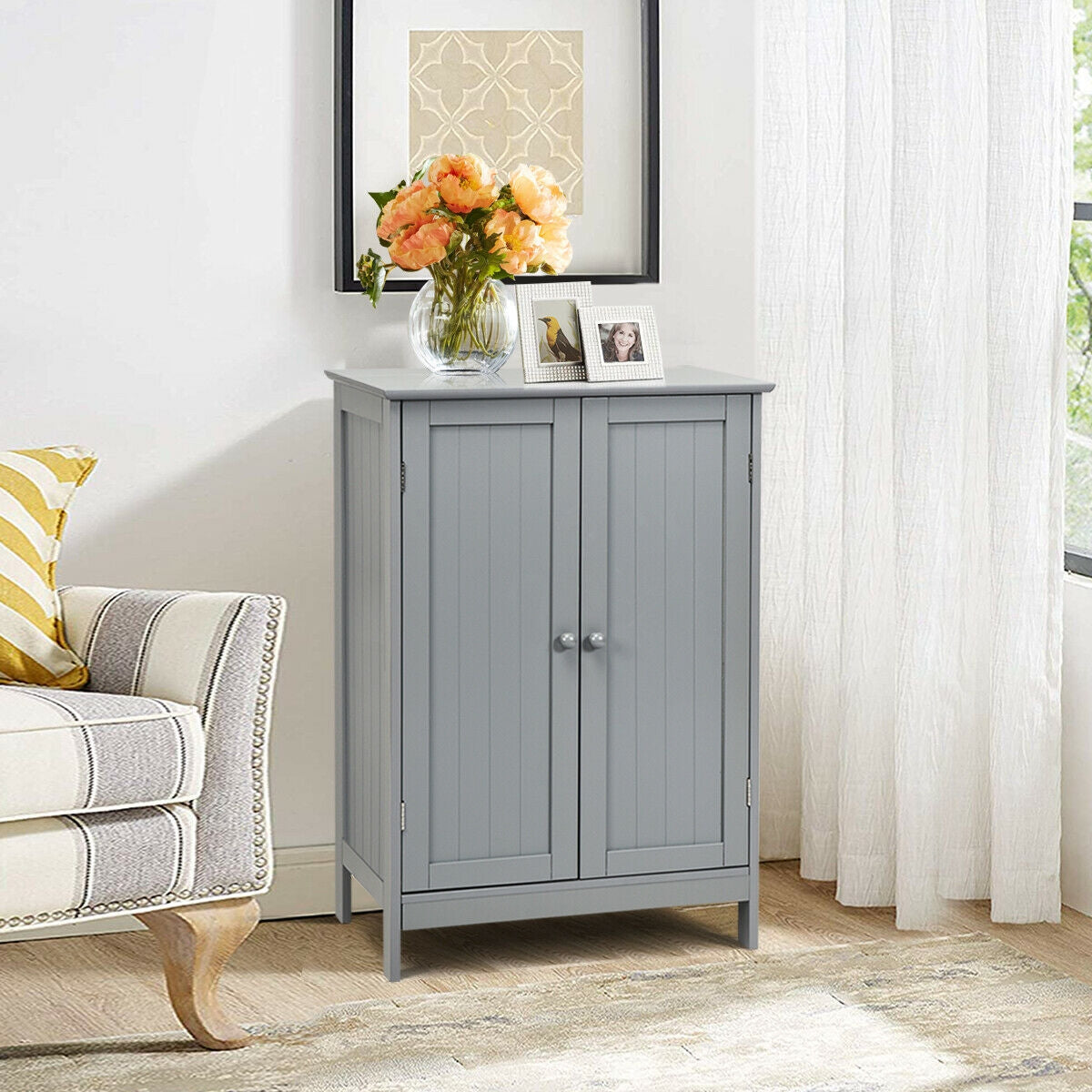 Modern Bathroom Floor Storage Cabinet with Double Doors & Adjustable Shelves