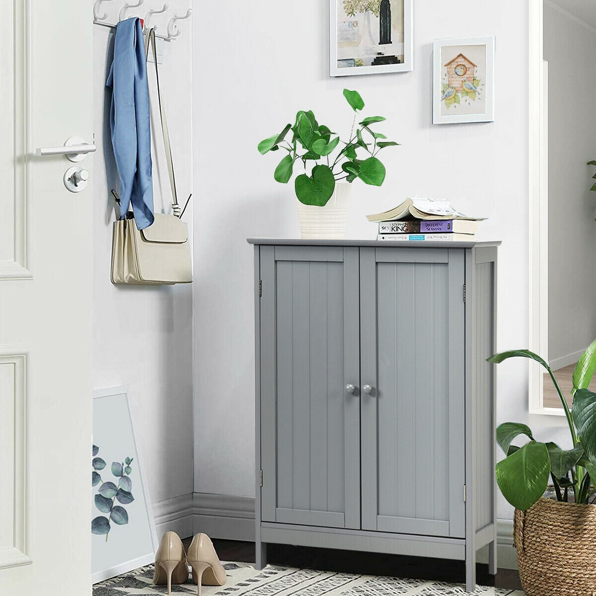 Modern Bathroom Floor Storage Cabinet with Double Doors & Adjustable Shelves