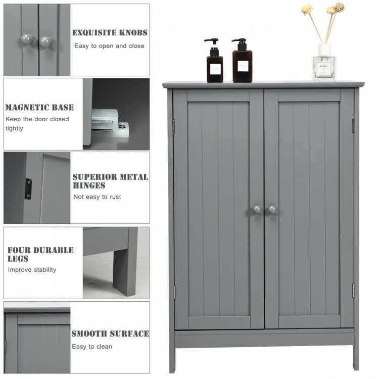 Modern Bathroom Floor Storage Cabinet with Double Doors & Adjustable Shelves