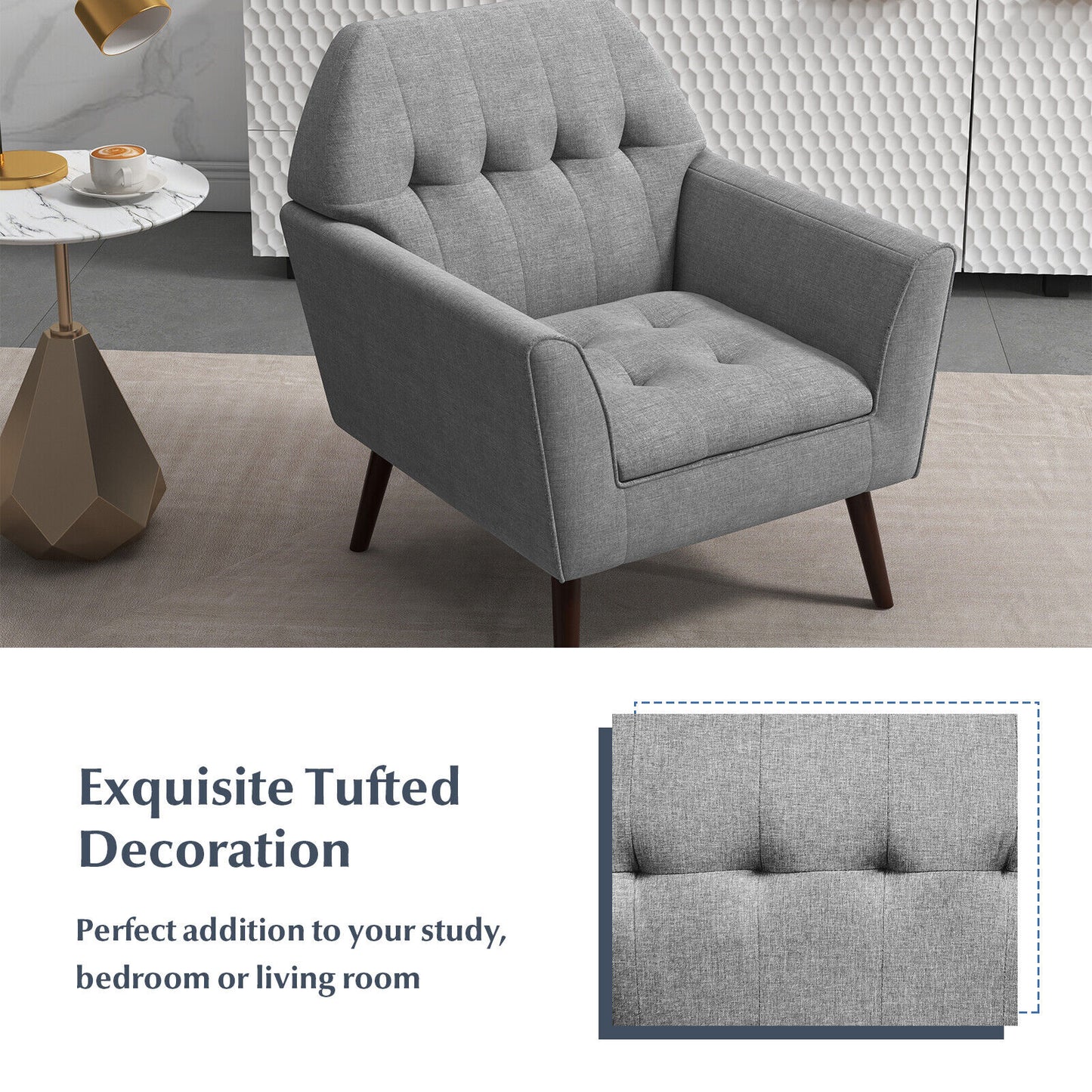 Elegant Tufted Accent Chair with Solid Wood Frame in Grey