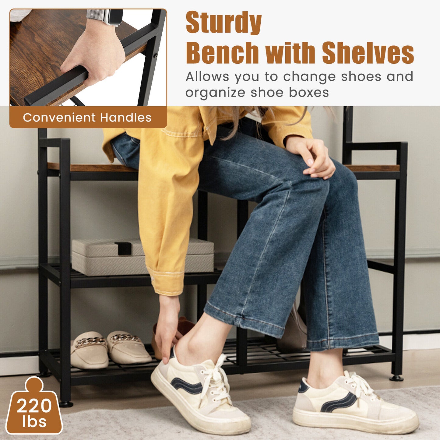 3 in 1 Industrial Entryway Coat Rack with Shoe Bench and 9 Hooks for Hallway or Mudroom