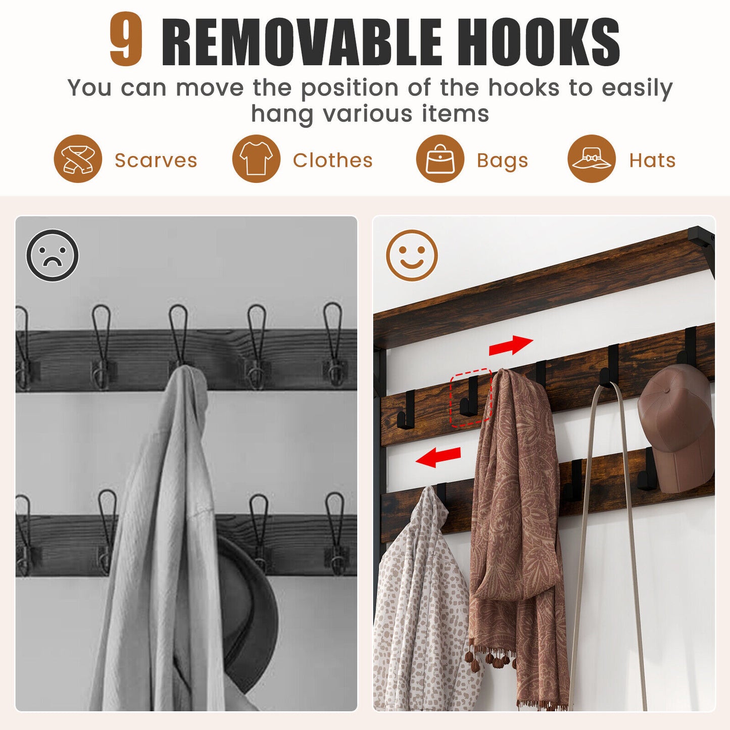 3 in 1 Industrial Entryway Coat Rack with Shoe Bench and 9 Hooks for Hallway or Mudroom