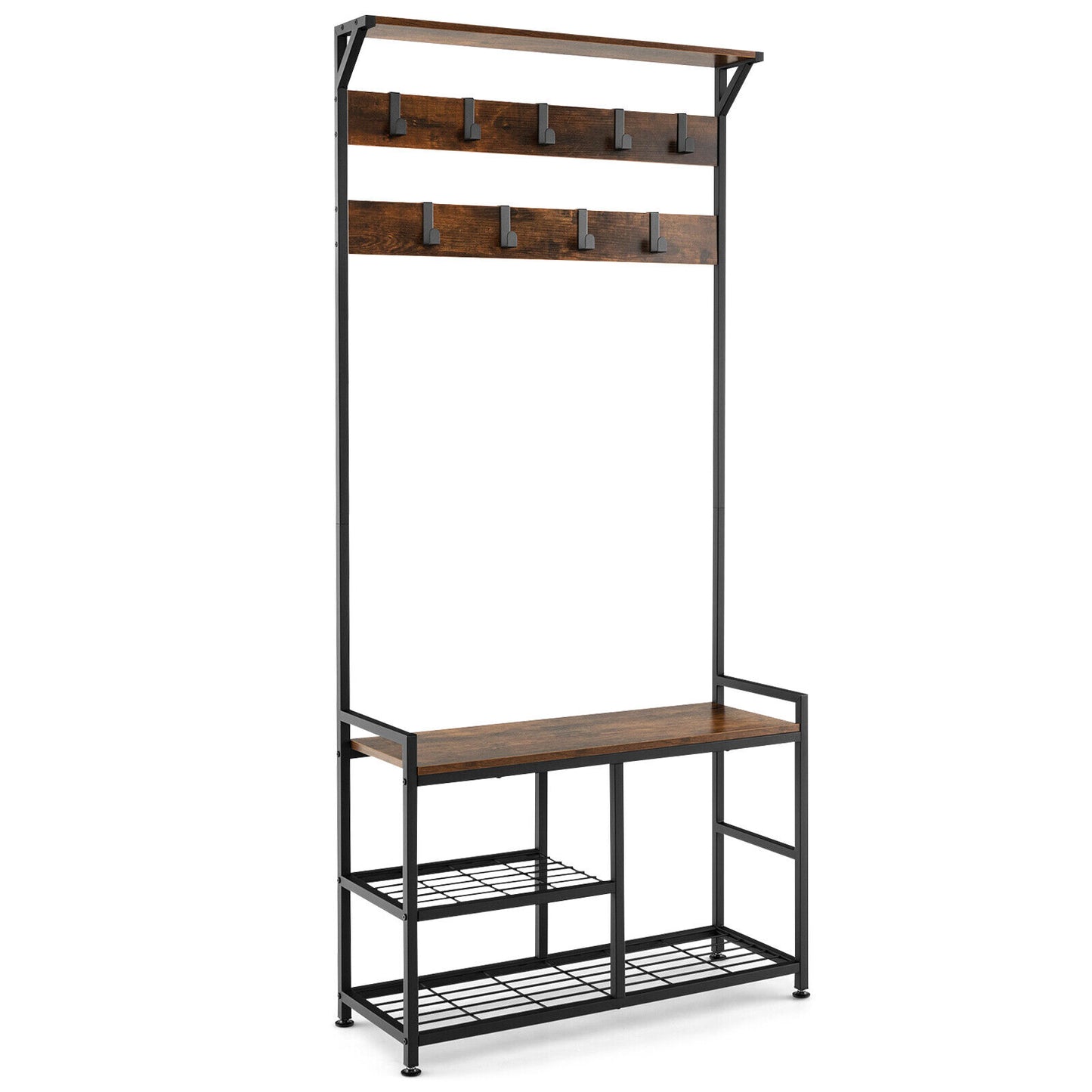 3 in 1 Industrial Entryway Coat Rack with Shoe Bench and 9 Hooks for Hallway or Mudroom