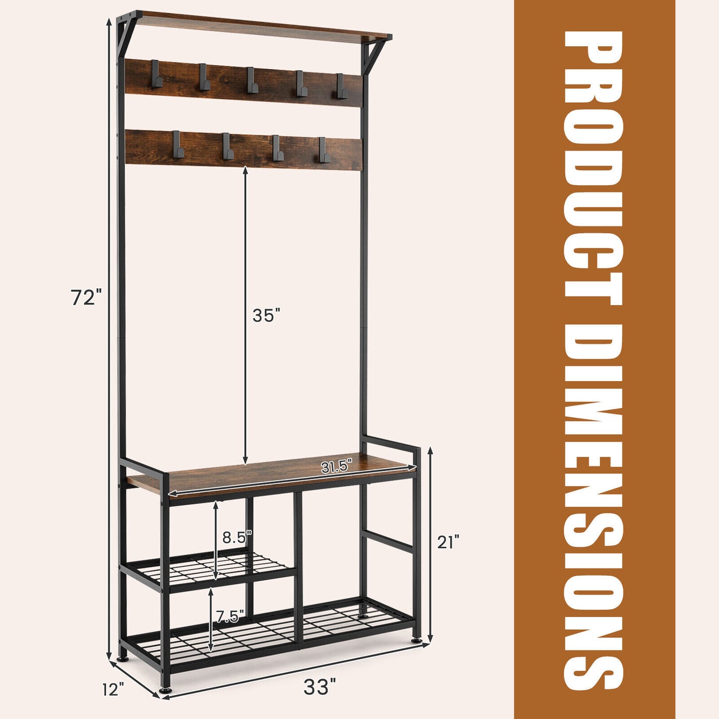 3 in 1 Industrial Entryway Coat Rack with Shoe Bench and 9 Hooks for Hallway or Mudroom