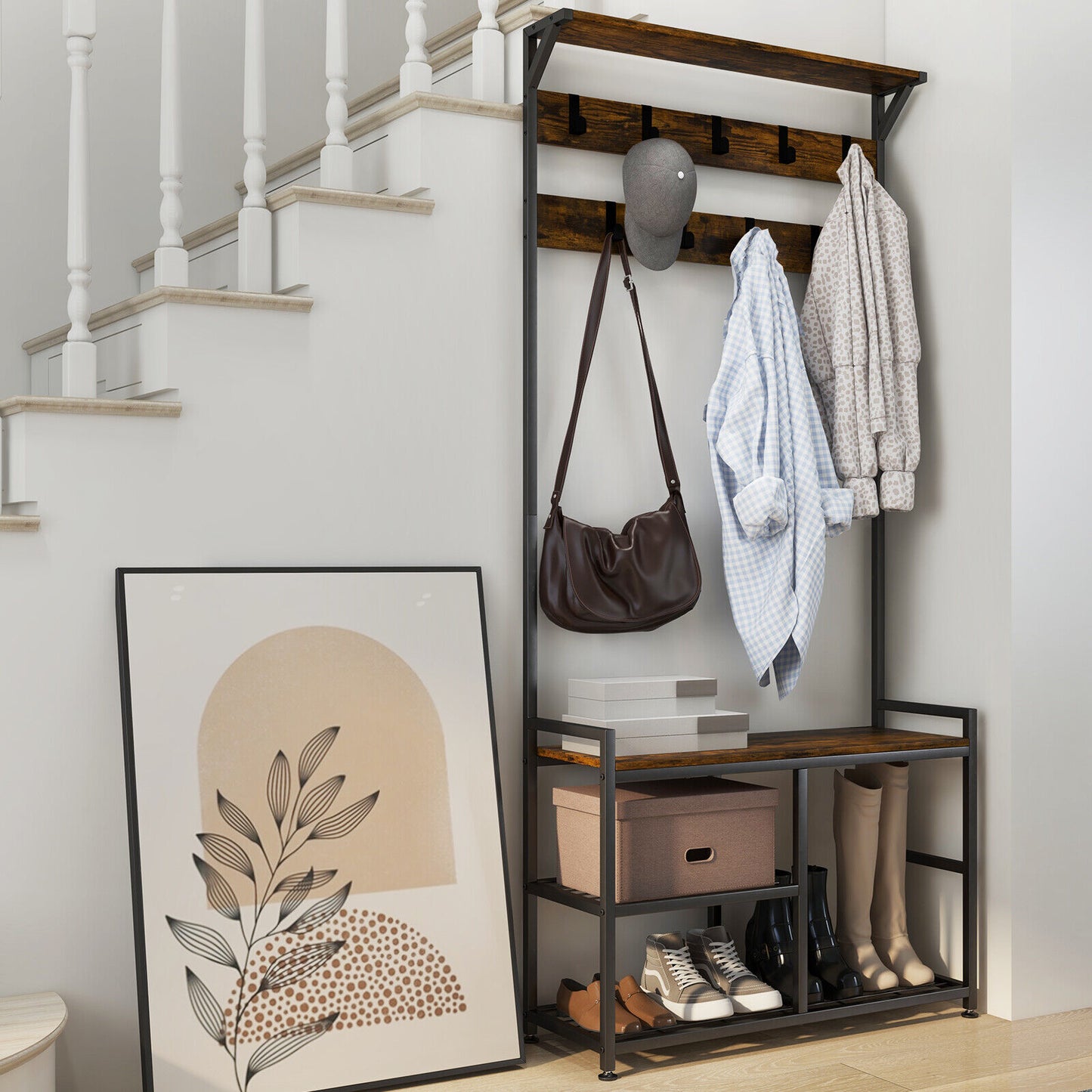 3 in 1 Industrial Entryway Coat Rack with Shoe Bench and 9 Hooks for Hallway or Mudroom