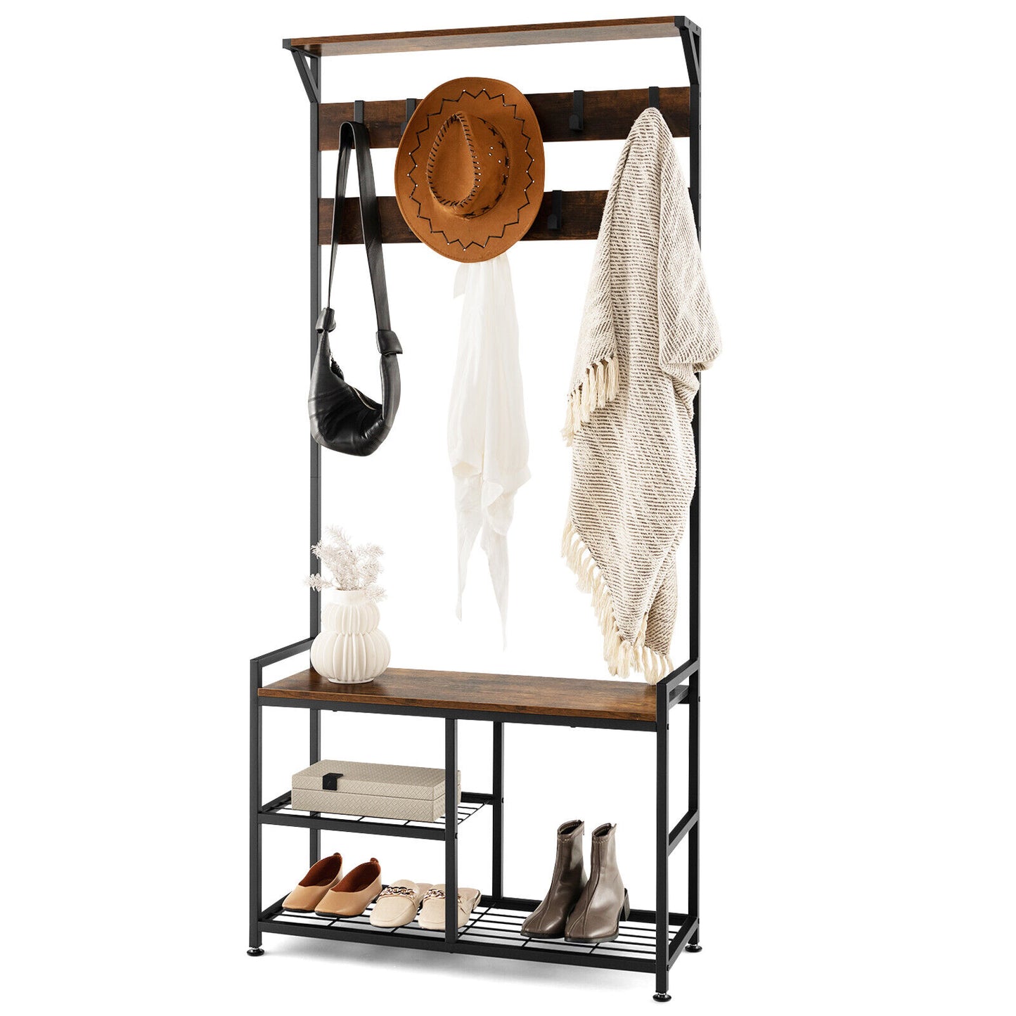 3 in 1 Industrial Entryway Coat Rack with Shoe Bench and 9 Hooks for Hallway or Mudroom
