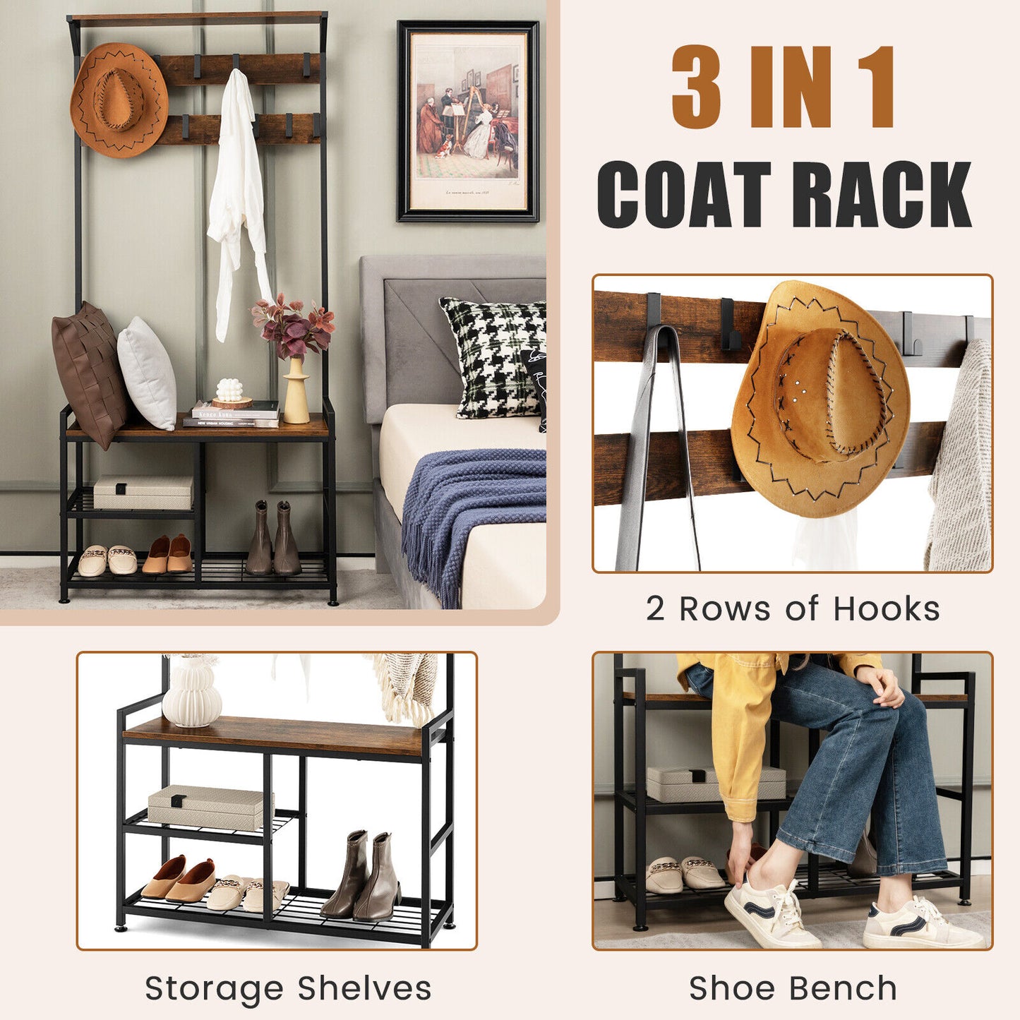 3 in 1 Industrial Entryway Coat Rack with Shoe Bench and 9 Hooks for Hallway or Mudroom