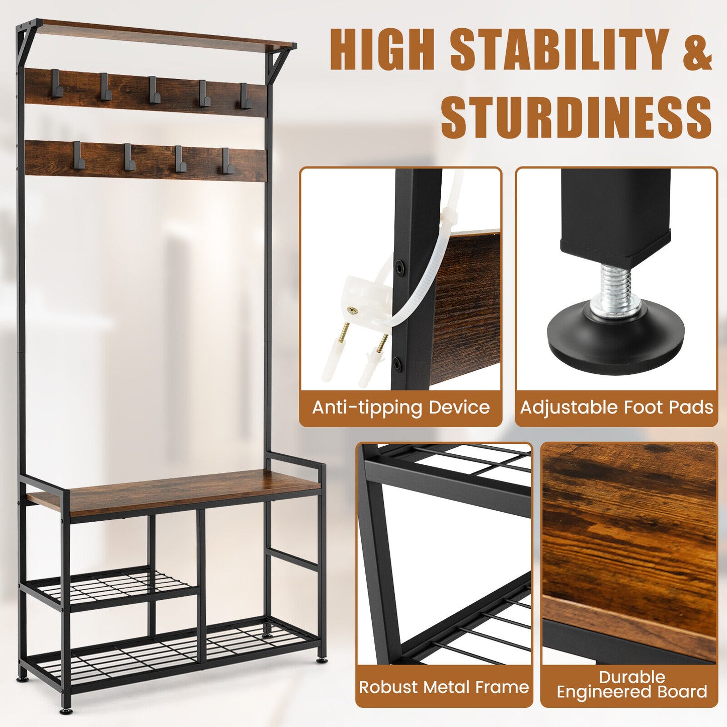 3 in 1 Industrial Entryway Coat Rack with Shoe Bench and 9 Hooks for Hallway or Mudroom