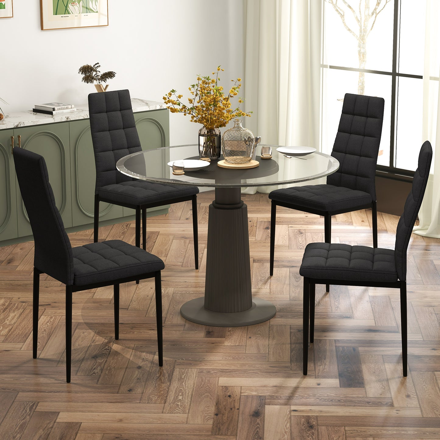 Set of 4 Upholstered Fabric Dining Chairs with High Back and Cushioned Seat for Comfort