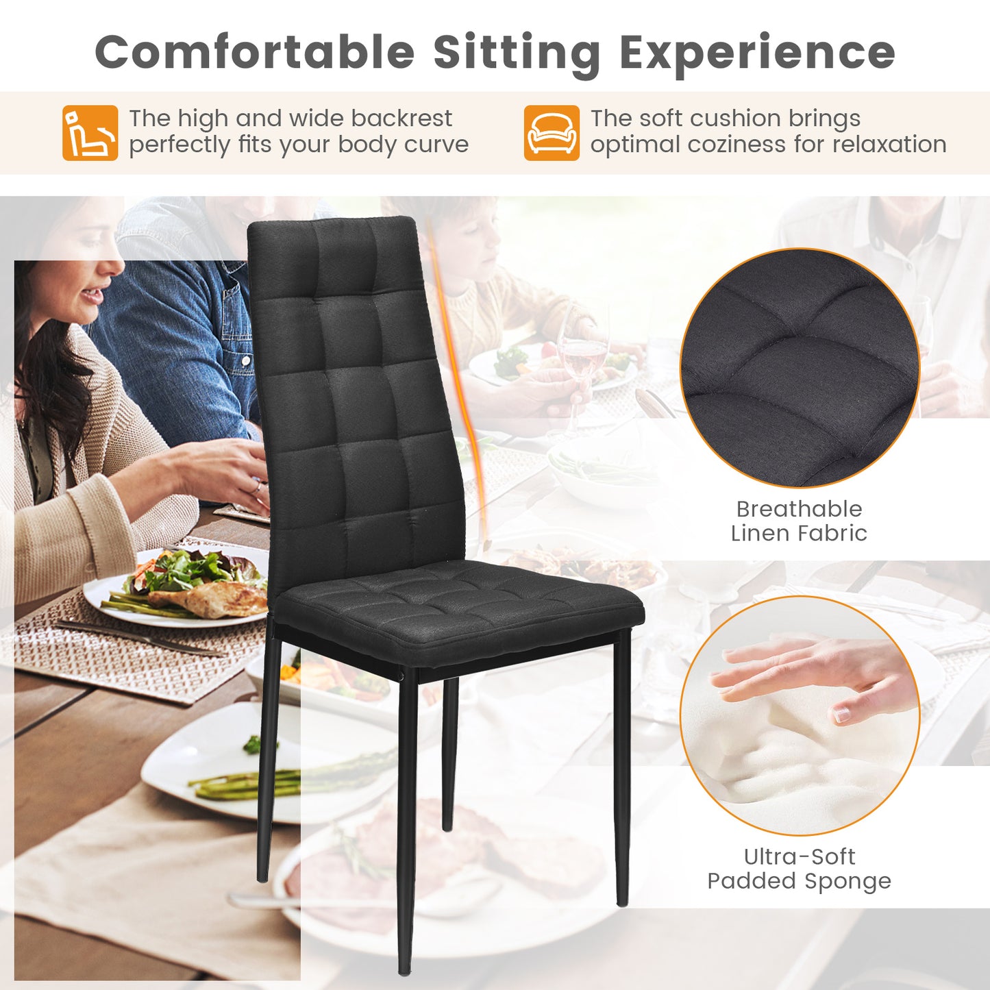 Set of 4 Upholstered Fabric Dining Chairs with High Back and Cushioned Seat for Comfort