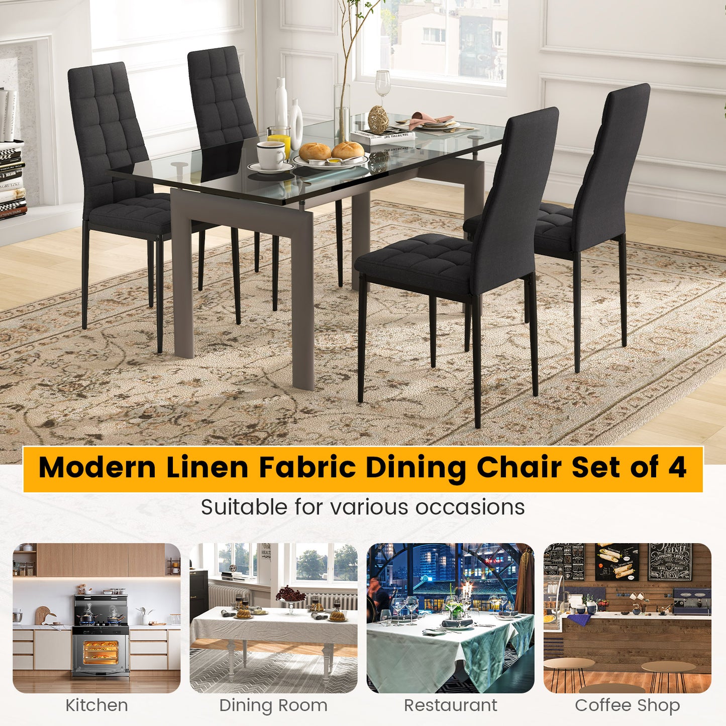 Set of 4 Upholstered Fabric Dining Chairs with High Back and Cushioned Seat for Comfort