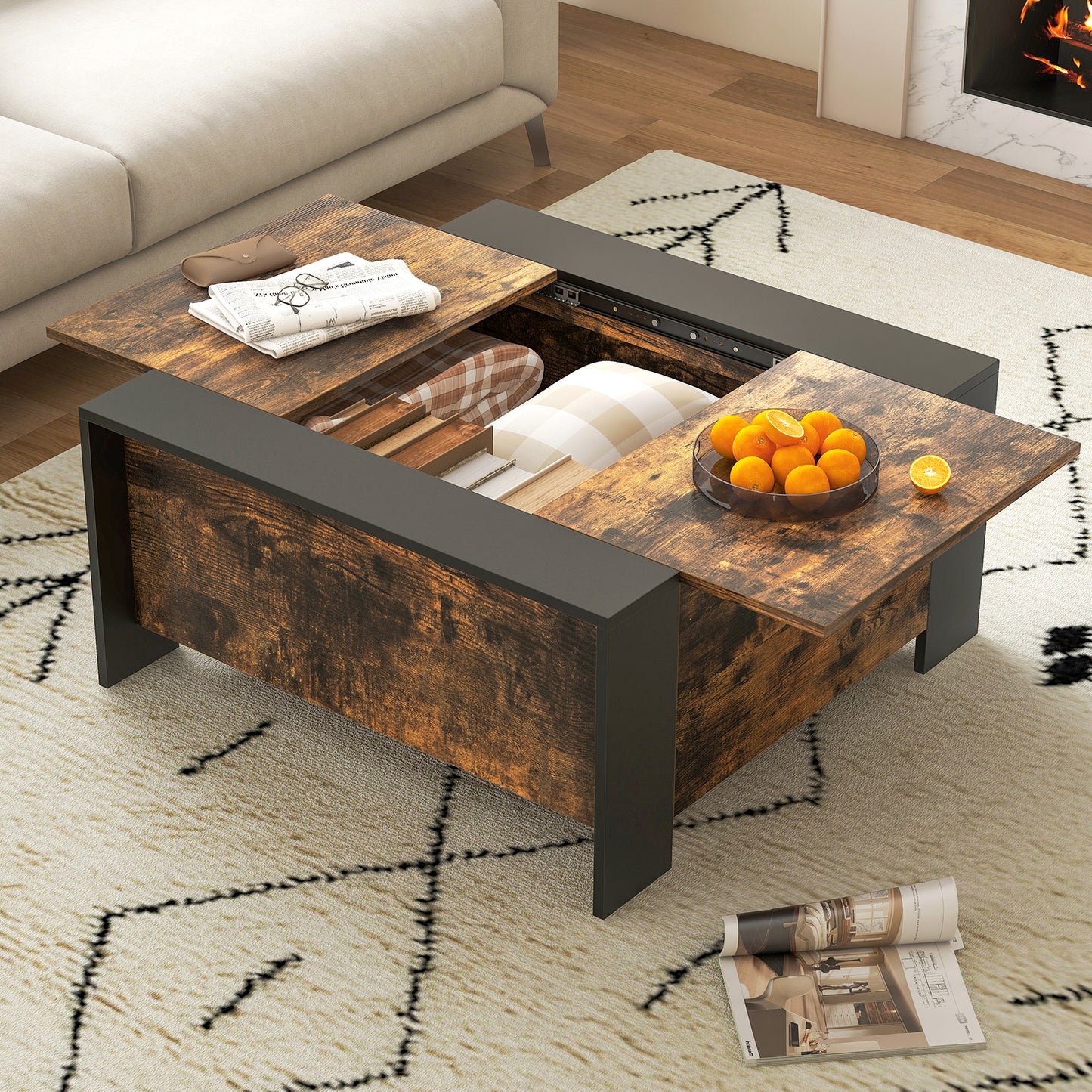 Modern Square Coffee Table with Sliding Top and Hidden Storage Compartment in Rustic Brown