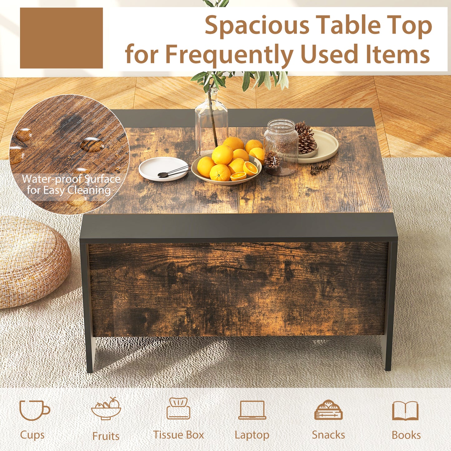 Modern Square Coffee Table with Sliding Top and Hidden Storage Compartment in Rustic Brown