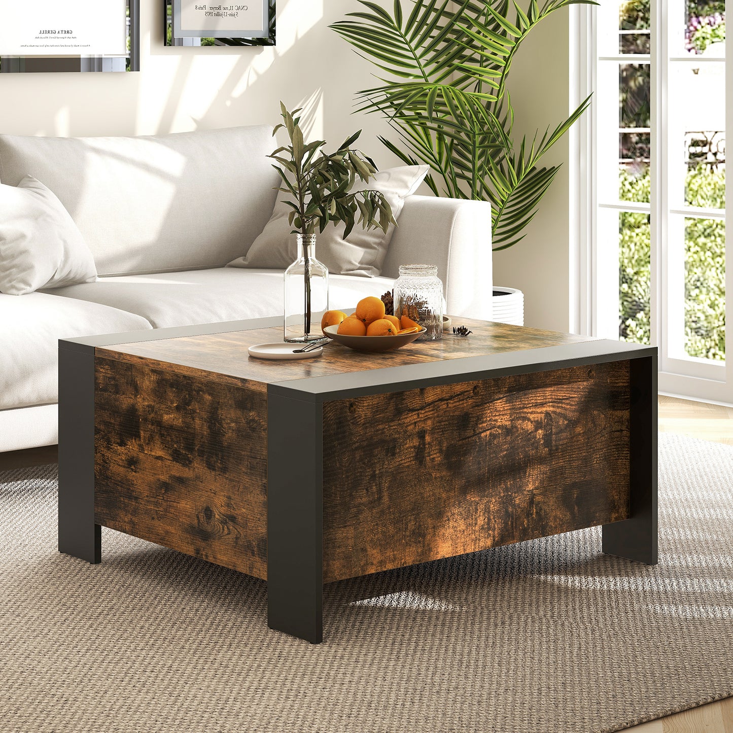 Modern Square Coffee Table with Sliding Top and Hidden Storage Compartment in Rustic Brown