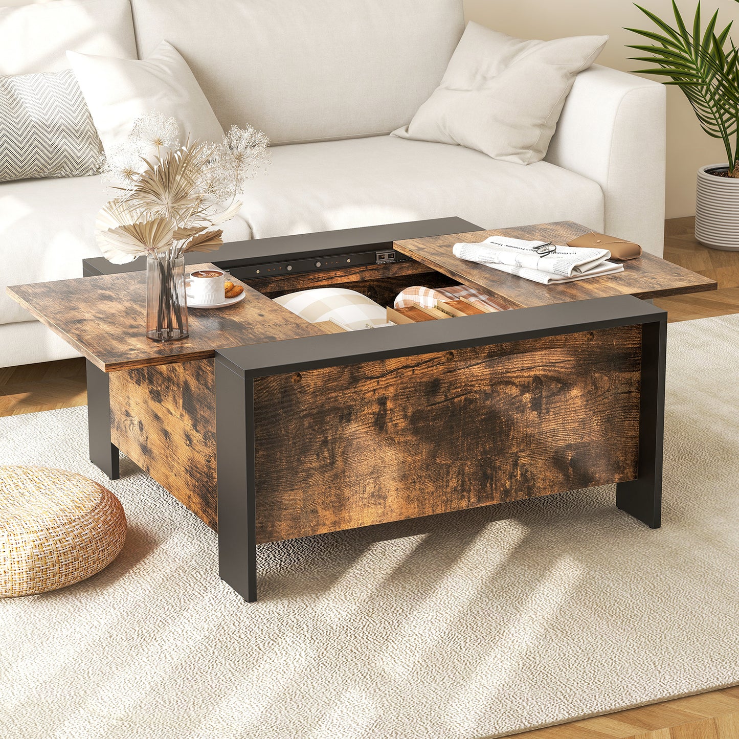 Modern Square Coffee Table with Sliding Top and Hidden Storage Compartment in Rustic Brown