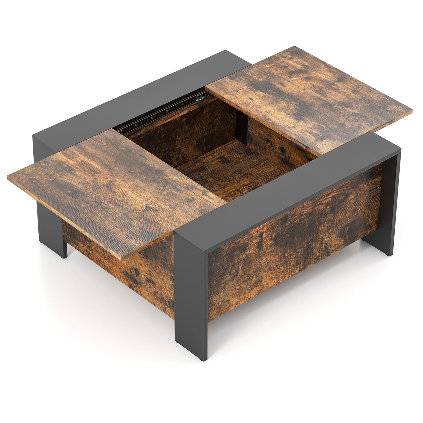 Modern Square Coffee Table with Sliding Top and Hidden Storage Compartment in Rustic Brown