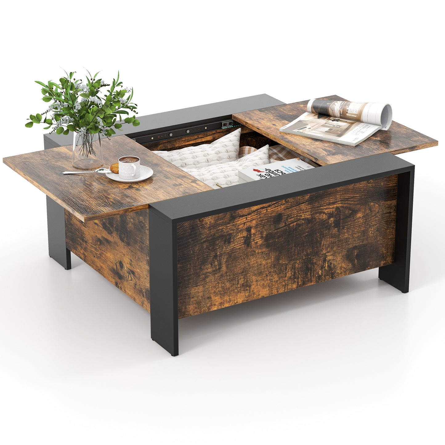Modern Square Coffee Table with Sliding Top and Hidden Storage Compartment in Rustic Brown