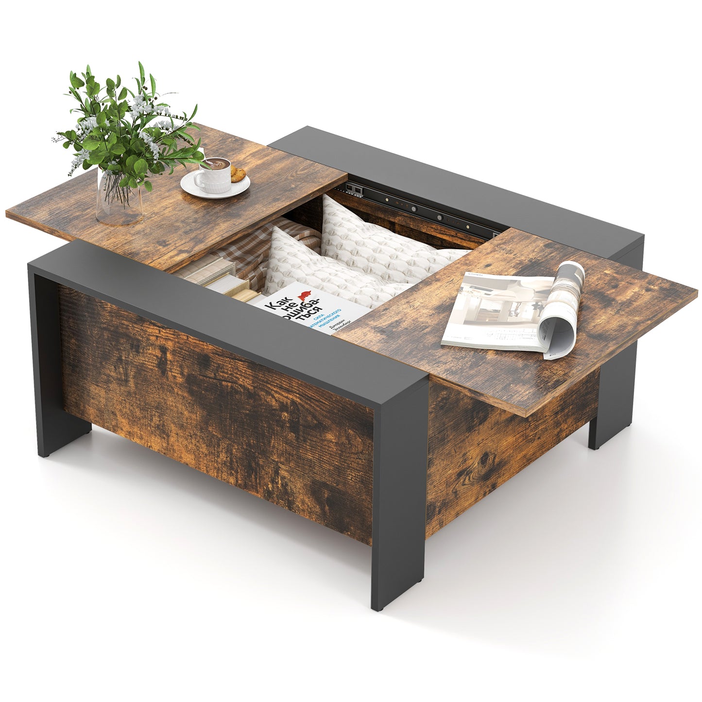 Modern Square Coffee Table with Sliding Top and Hidden Storage Compartment in Rustic Brown