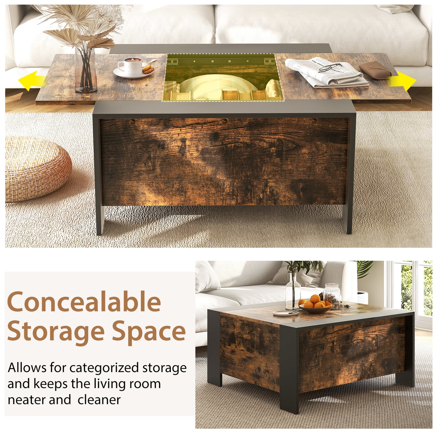 Modern Square Coffee Table with Sliding Top and Hidden Storage Compartment in Rustic Brown