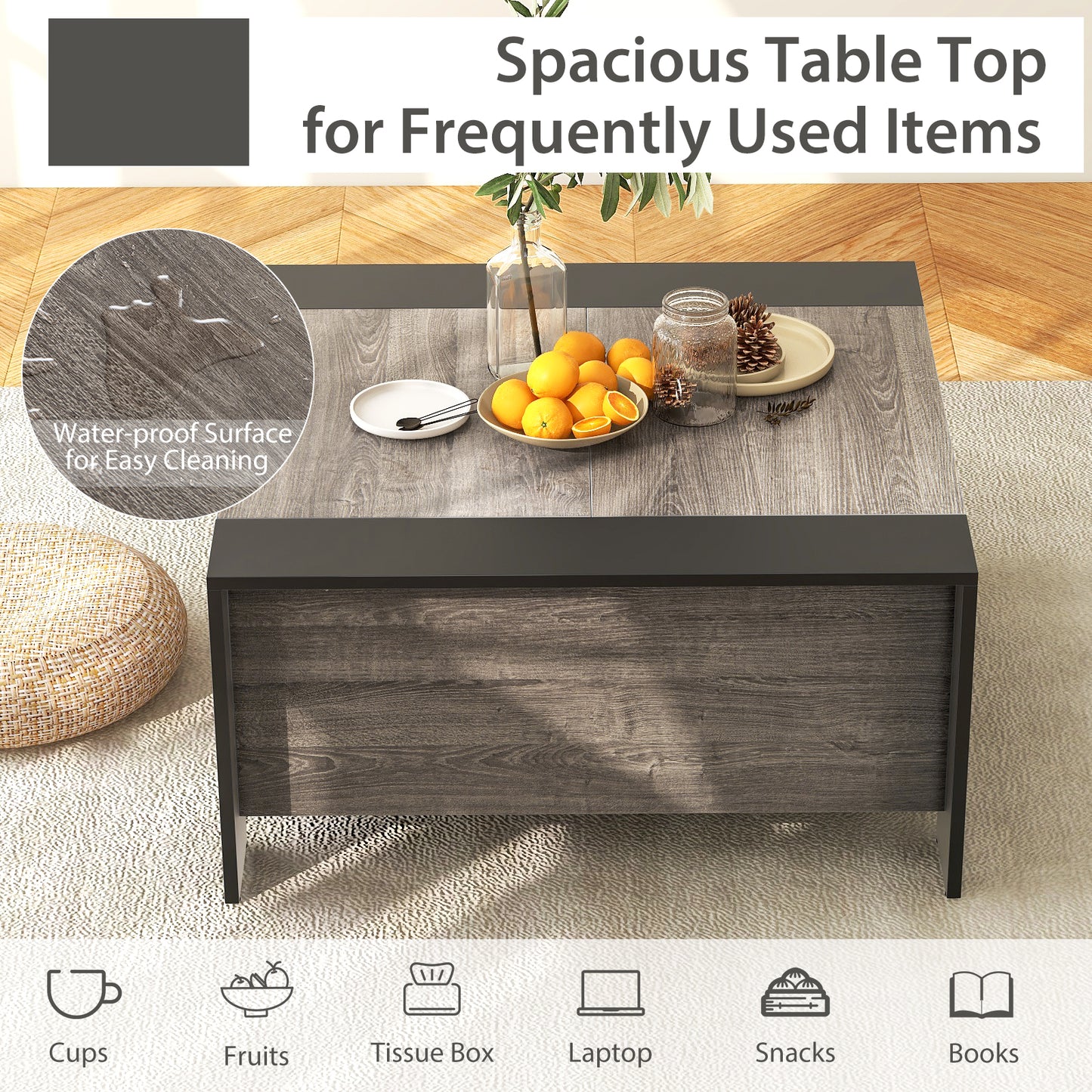 Modern Square Coffee Table with Sliding Top and Hidden Storage Compartment in Grey