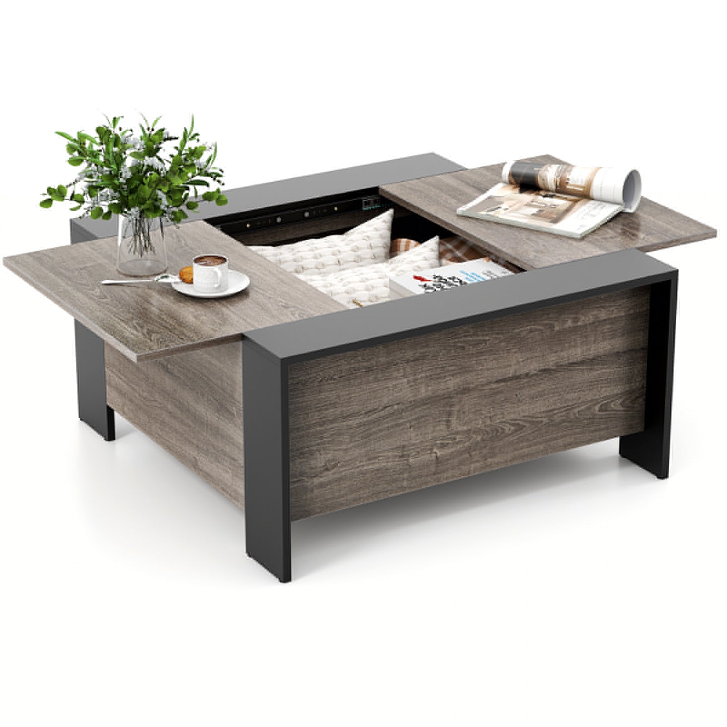 Modern Square Coffee Table with Sliding Top and Hidden Storage Compartment in Grey