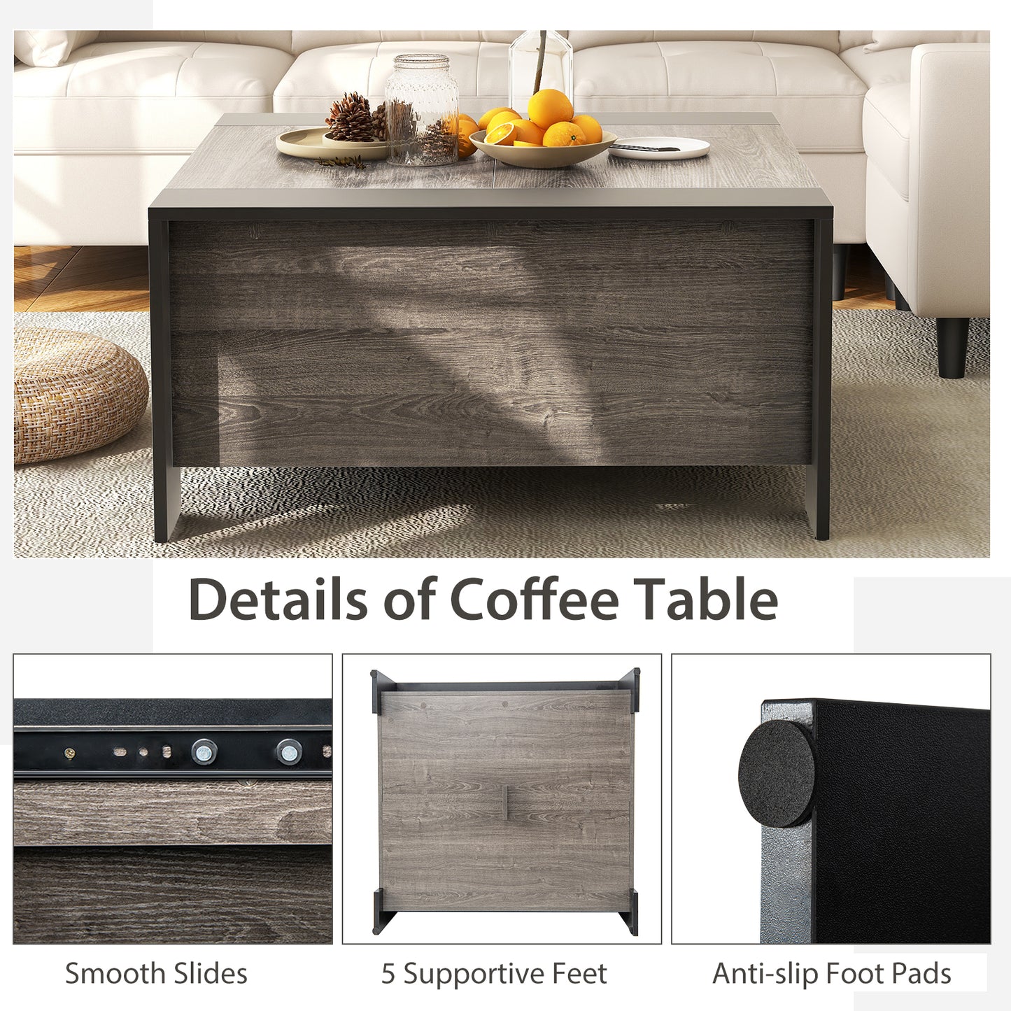 Modern Square Coffee Table with Sliding Top and Hidden Storage Compartment in Grey