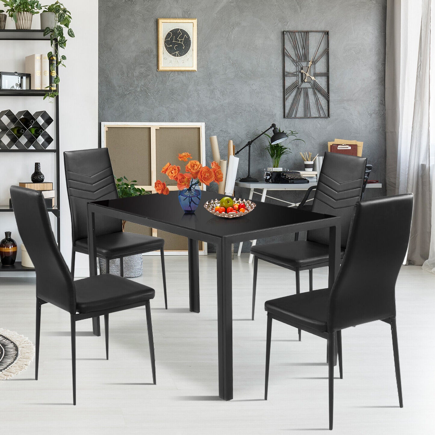 Modern 5-Piece Kitchen Dining Set with Tempered Glass Table and 4 Padded Chairs