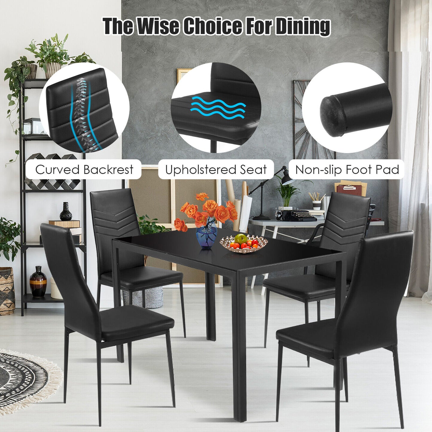Modern 5-Piece Kitchen Dining Set with Tempered Glass Table and 4 Padded Chairs