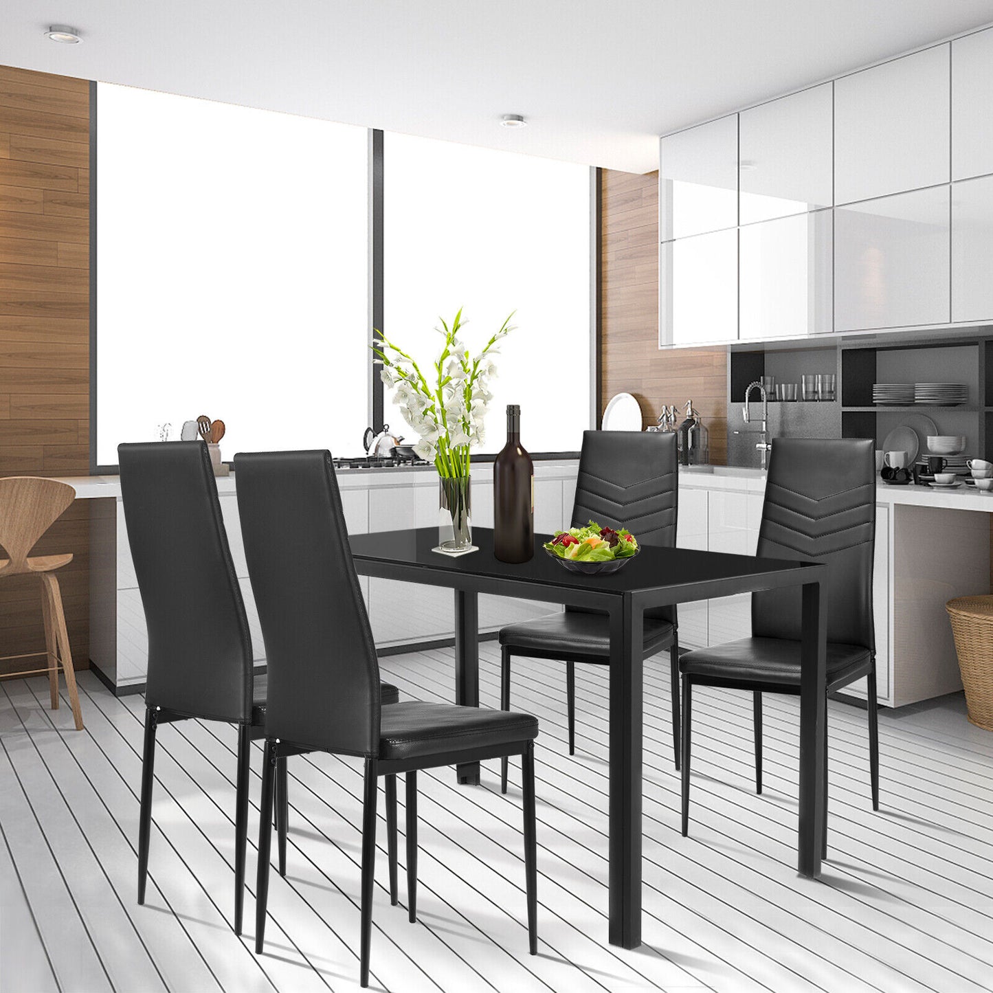 Modern 5-Piece Kitchen Dining Set with Tempered Glass Table and 4 Padded Chairs