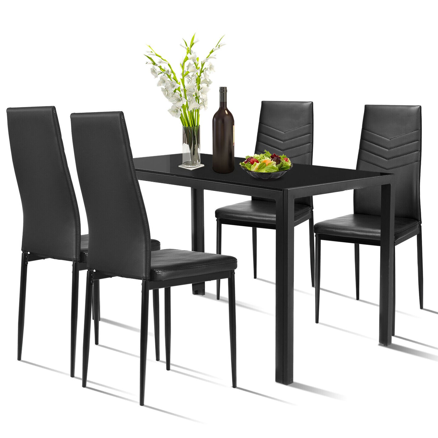 Modern 5-Piece Kitchen Dining Set with Tempered Glass Table and 4 Padded Chairs