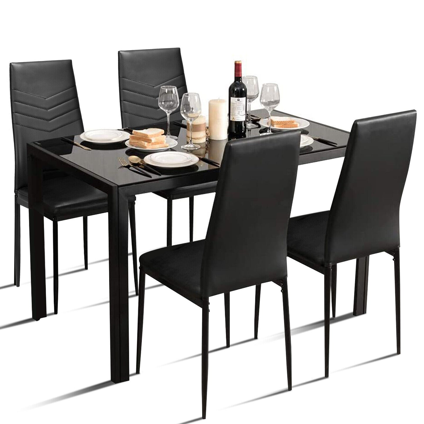 Modern 5-Piece Kitchen Dining Set with Tempered Glass Table and 4 Padded Chairs