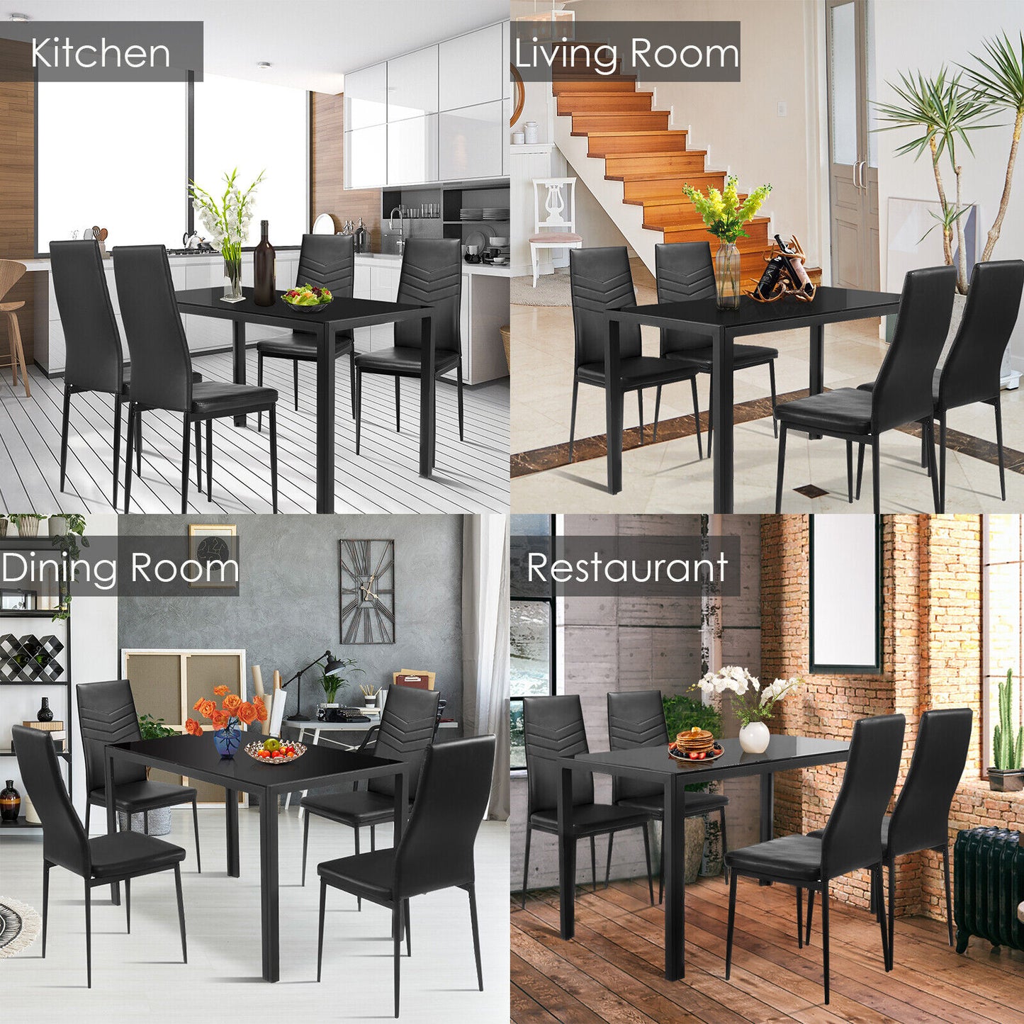 Modern 5-Piece Kitchen Dining Set with Tempered Glass Table and 4 Padded Chairs