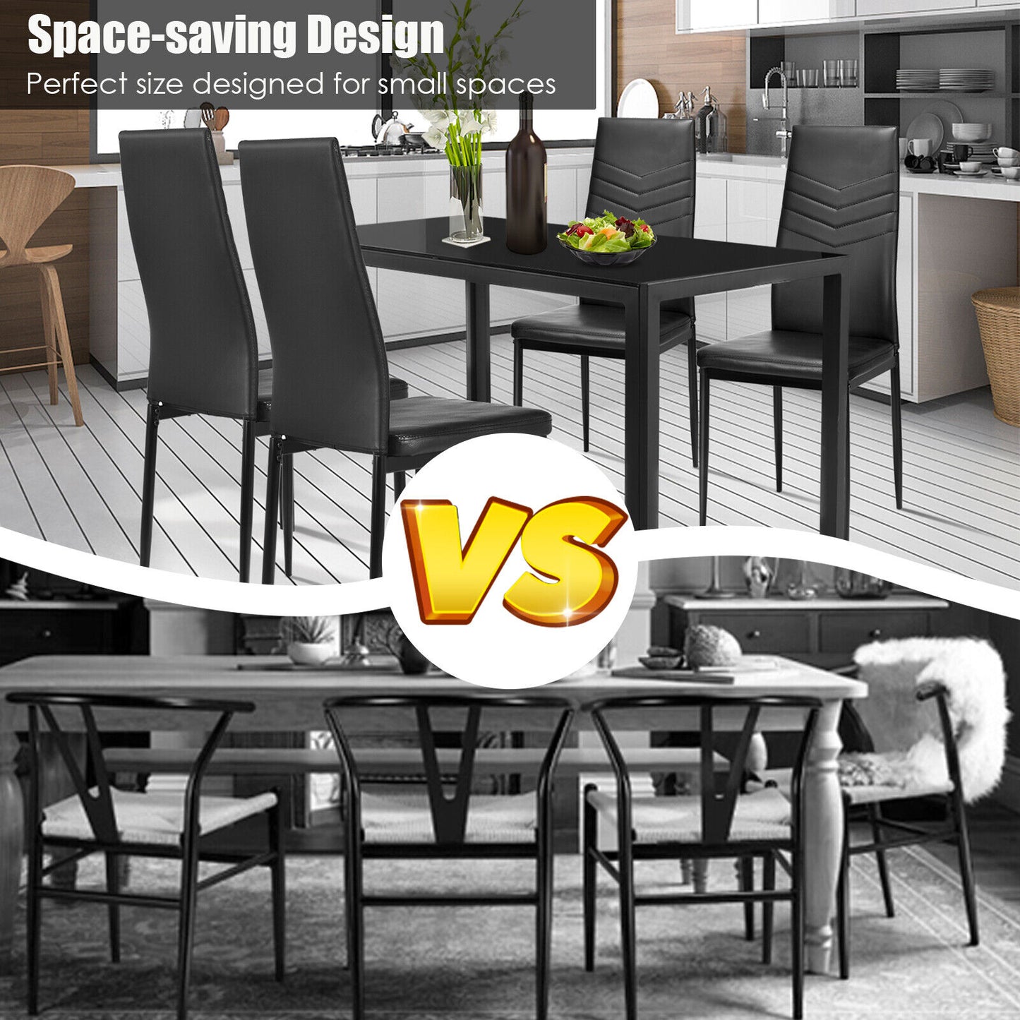Modern 5-Piece Kitchen Dining Set with Tempered Glass Table and 4 Padded Chairs