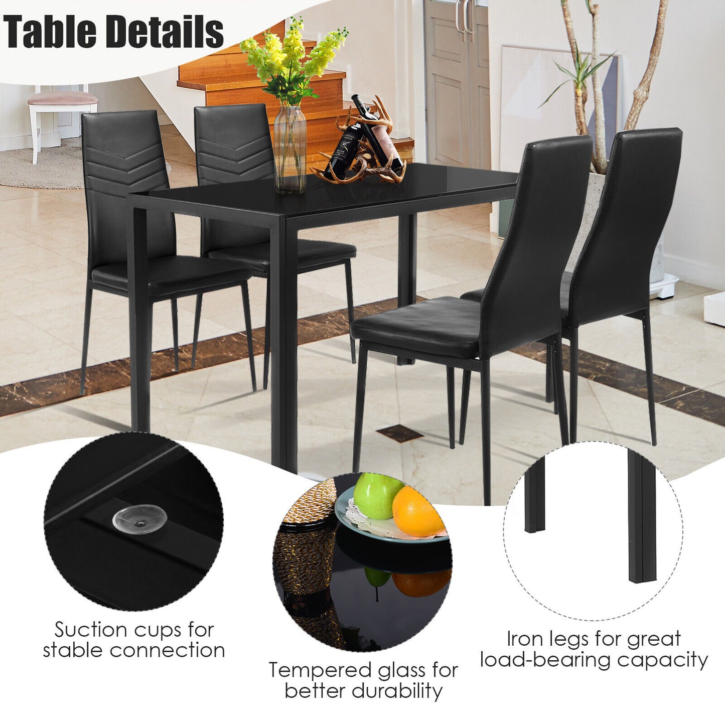 Modern 5-Piece Kitchen Dining Set with Tempered Glass Table and 4 Padded Chairs