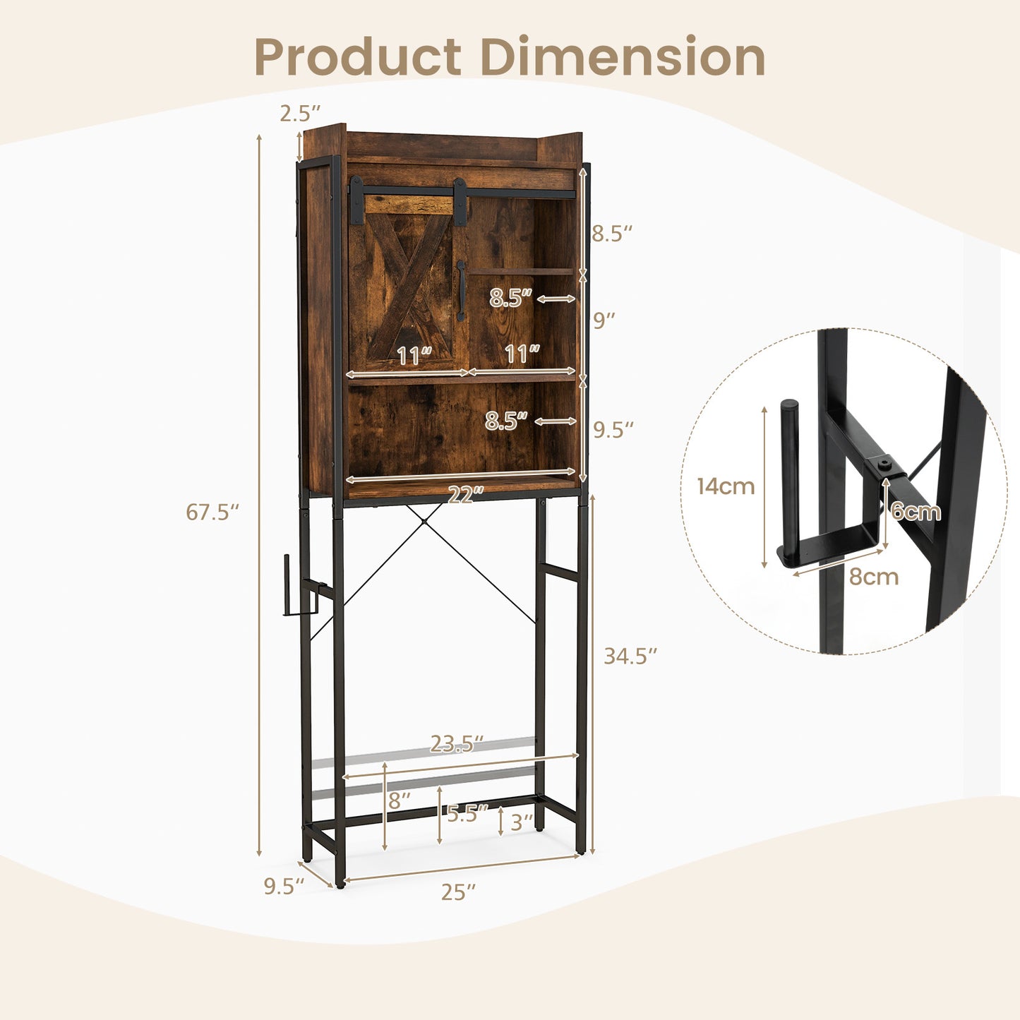 4 Tier Bathroom Storage Cabinet with Adjustable Shelves and Sliding Barn Door