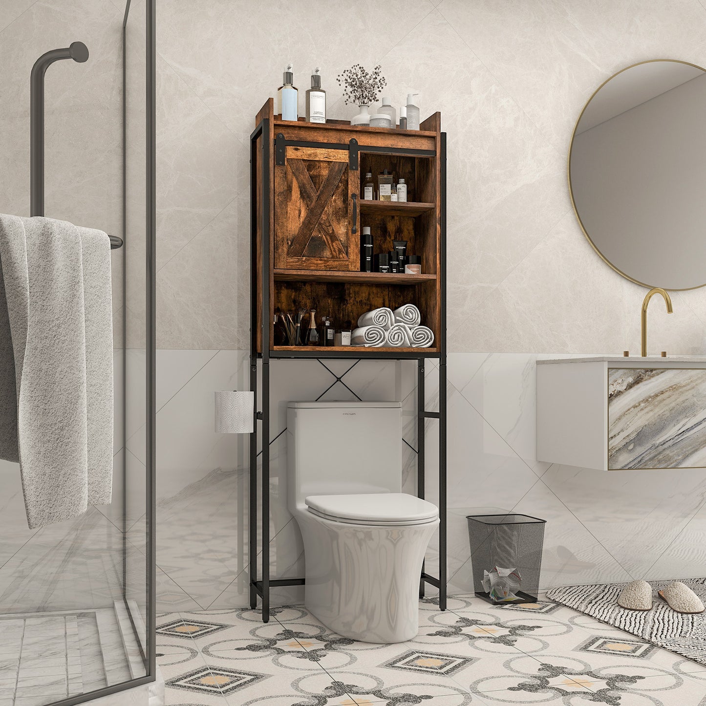4 Tier Bathroom Storage Cabinet with Adjustable Shelves and Sliding Barn Door