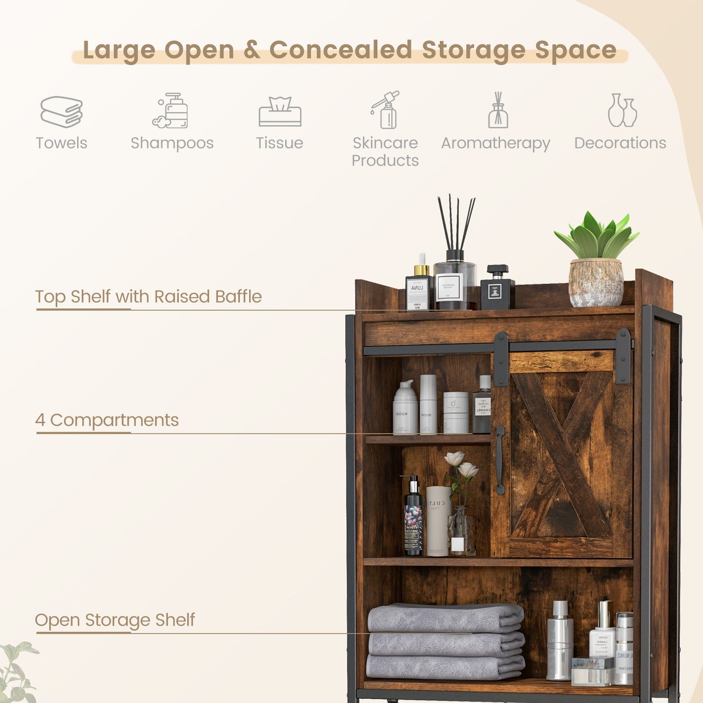 4 Tier Bathroom Storage Cabinet with Adjustable Shelves and Sliding Barn Door