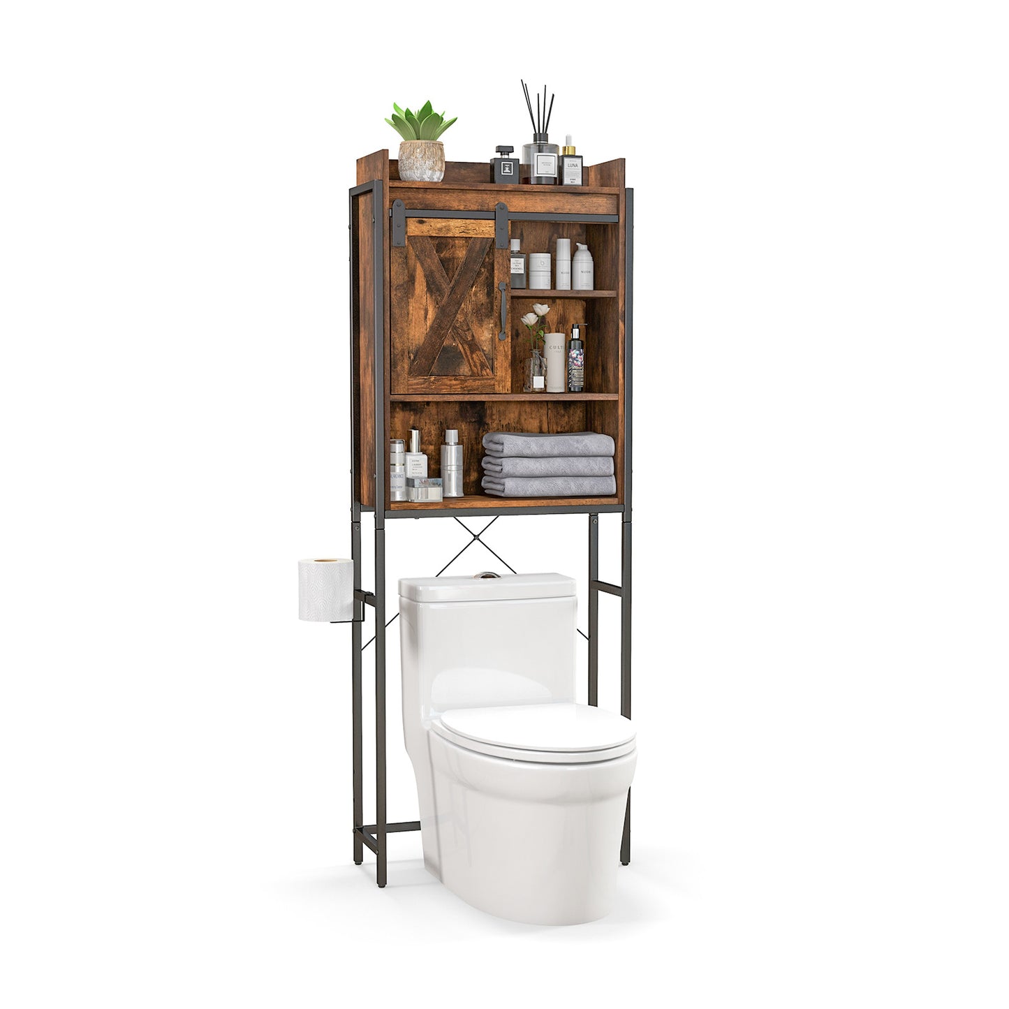 4 Tier Bathroom Storage Cabinet with Adjustable Shelves and Sliding Barn Door