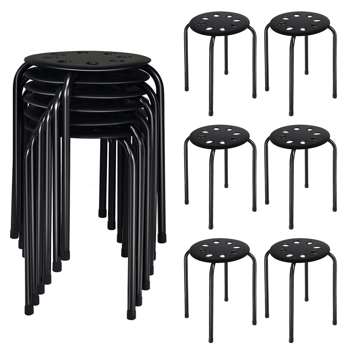 Set of 6 Stackable Plastic Stools for Dining, Office, Kitchen and More - Black