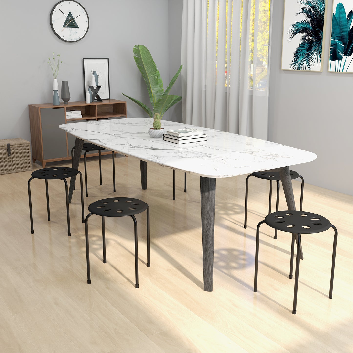Set of 6 Stackable Plastic Stools for Dining, Office, Kitchen and More - Black