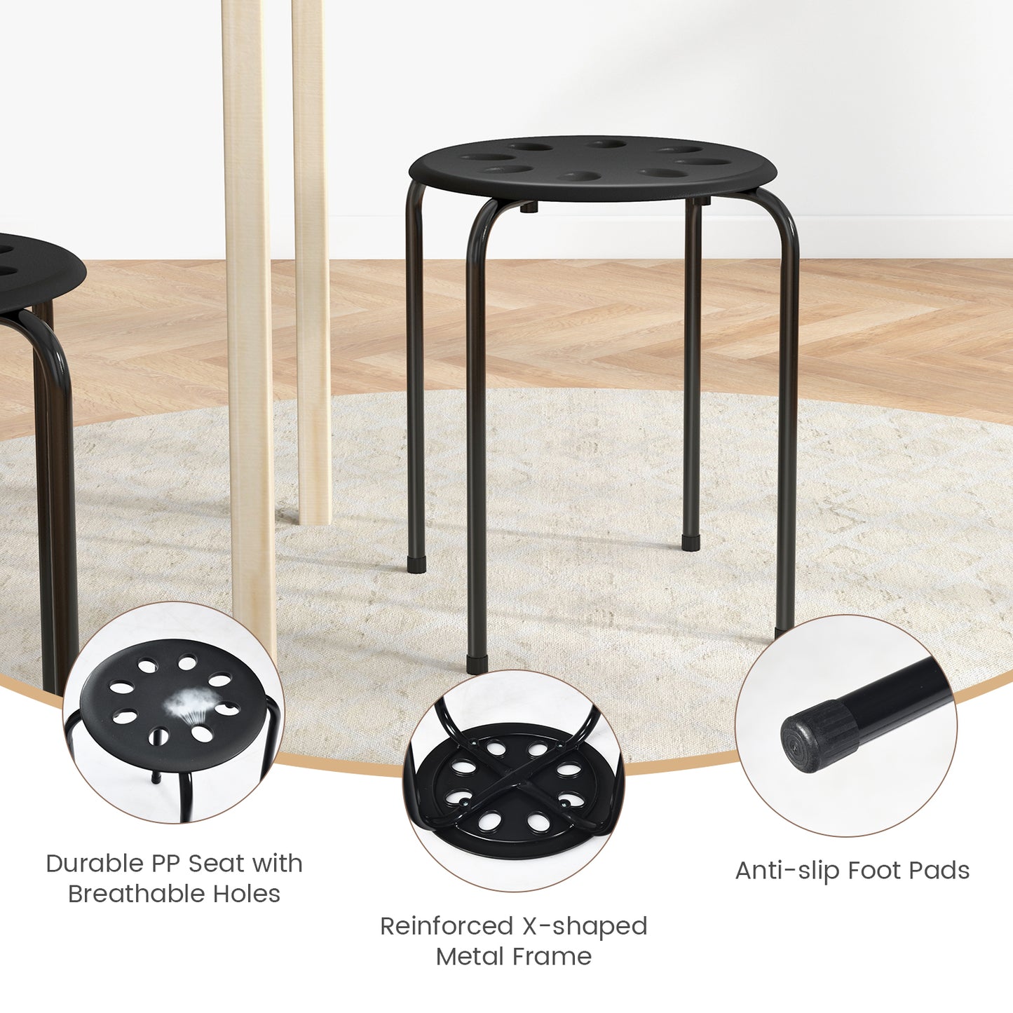 Set of 6 Stackable Plastic Stools for Dining, Office, Kitchen and More - Black