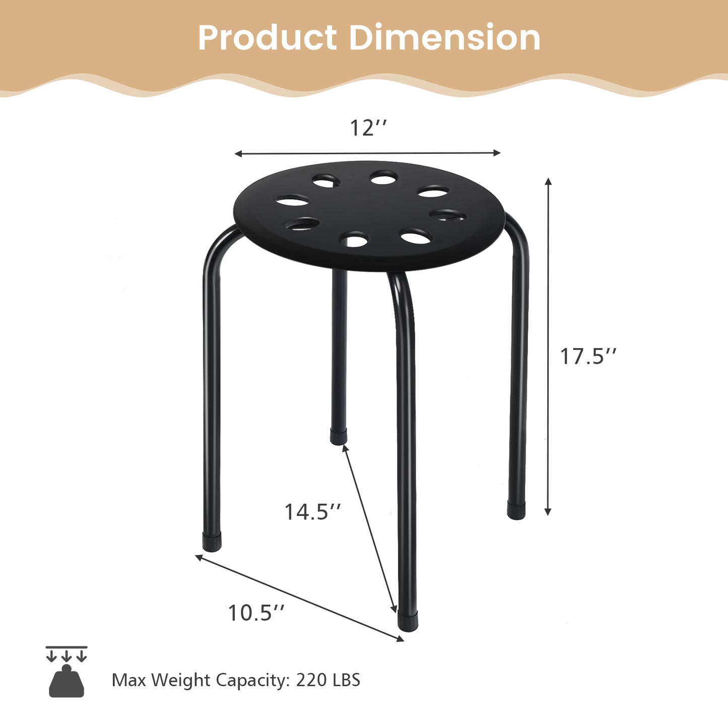 Set of 6 Stackable Plastic Stools for Dining, Office, Kitchen and More - Black