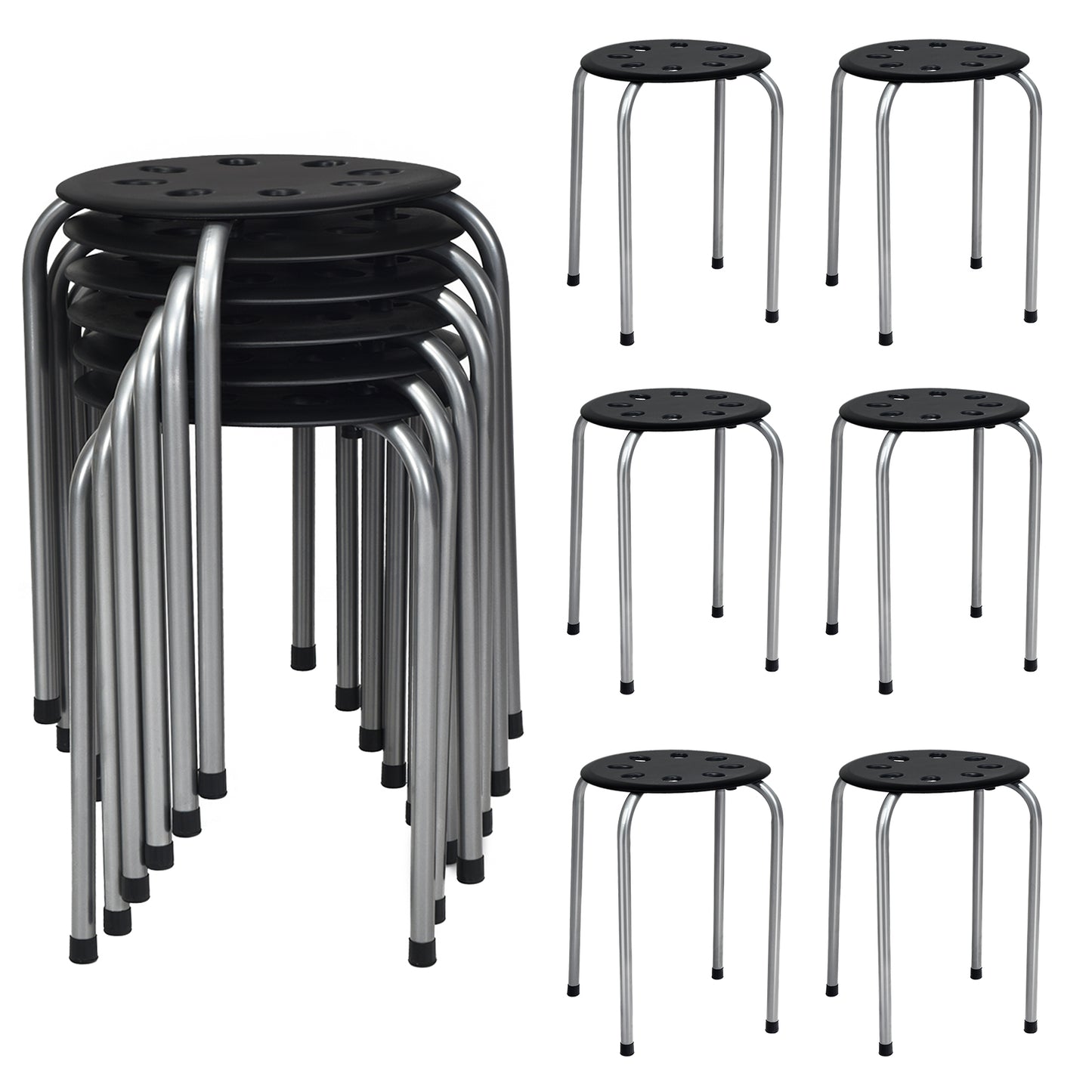 Set of 6 Stackable Plastic Stools for Dining, Office, Kitchen and More - Grey