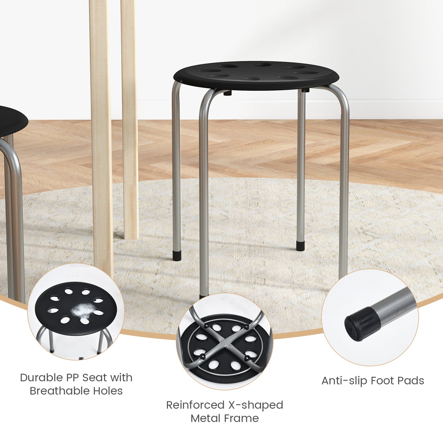 Set of 6 Stackable Plastic Stools for Dining, Office, Kitchen and More - Grey